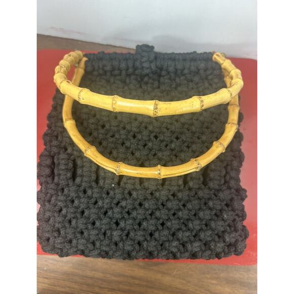 Macrame Handbag Black Bamboo‎ Round Wood Handles Boho Hippie Cottagecore Purse - Picture 4 of 7